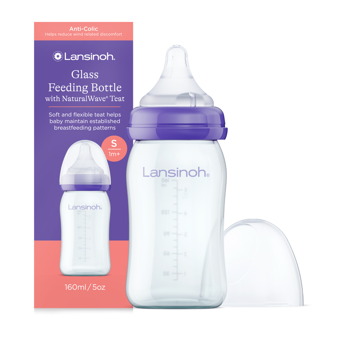 Szklana Butelka Lansinoh 160 ml ze smoczkiem o wolnym przepływie Natural Wave®